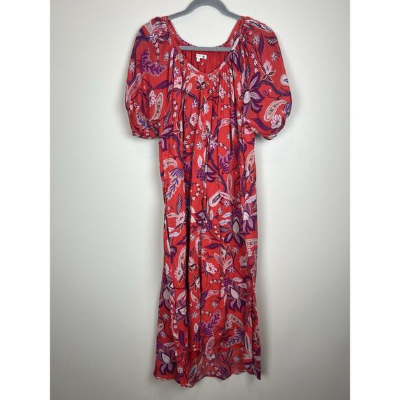 SUNDRY Bubble Sleeve Red Purple Floral Maxi Dress Lightweight Cotton V-neck Sz 2 - Picture 1 of 8